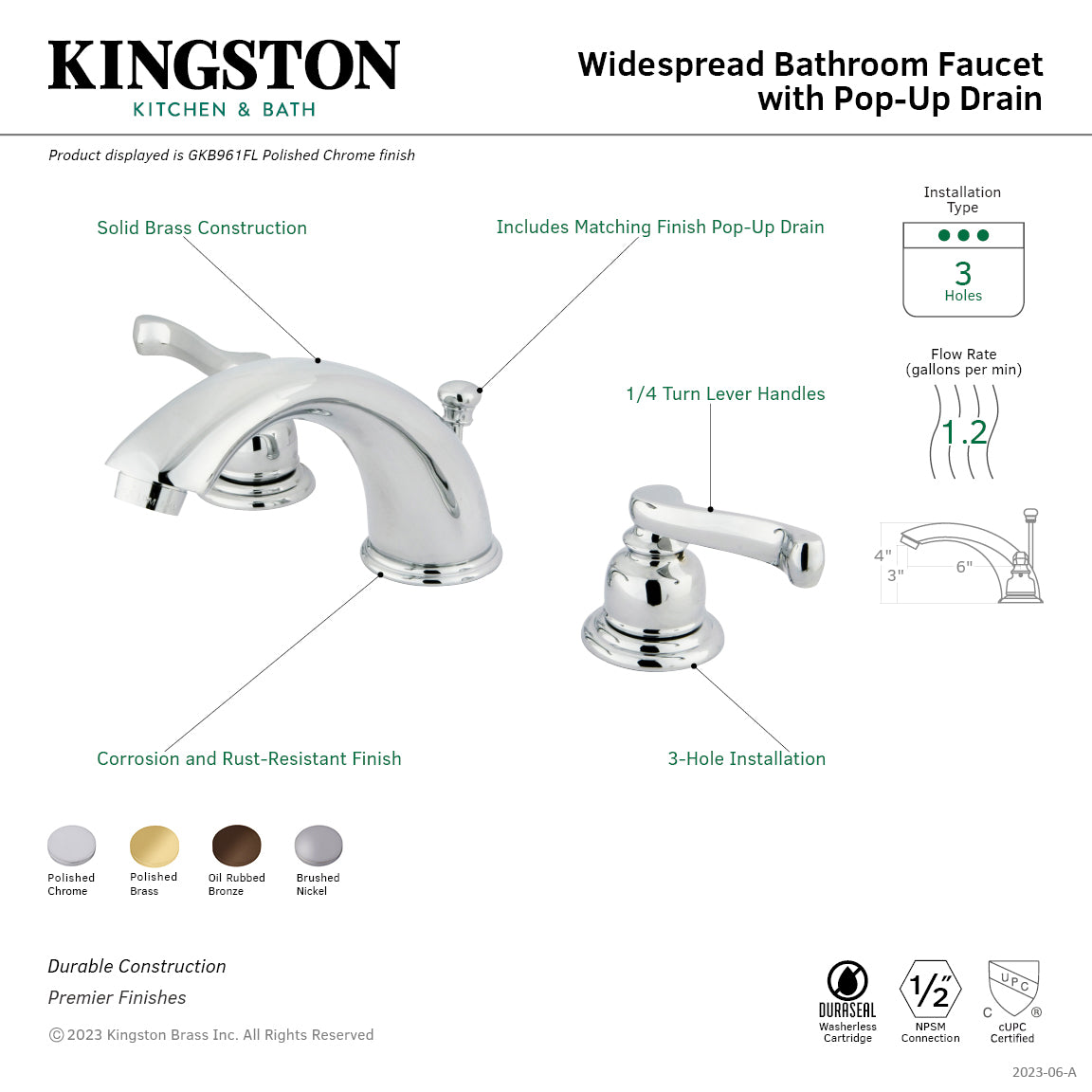 Kingston Tulare GKB965FL - Royale Two-Handle 3-Hole Deck Mount Widespread Bathroom Faucet with Pop-Up Drain, Oil Rubbed Bronze — thumbnail 2